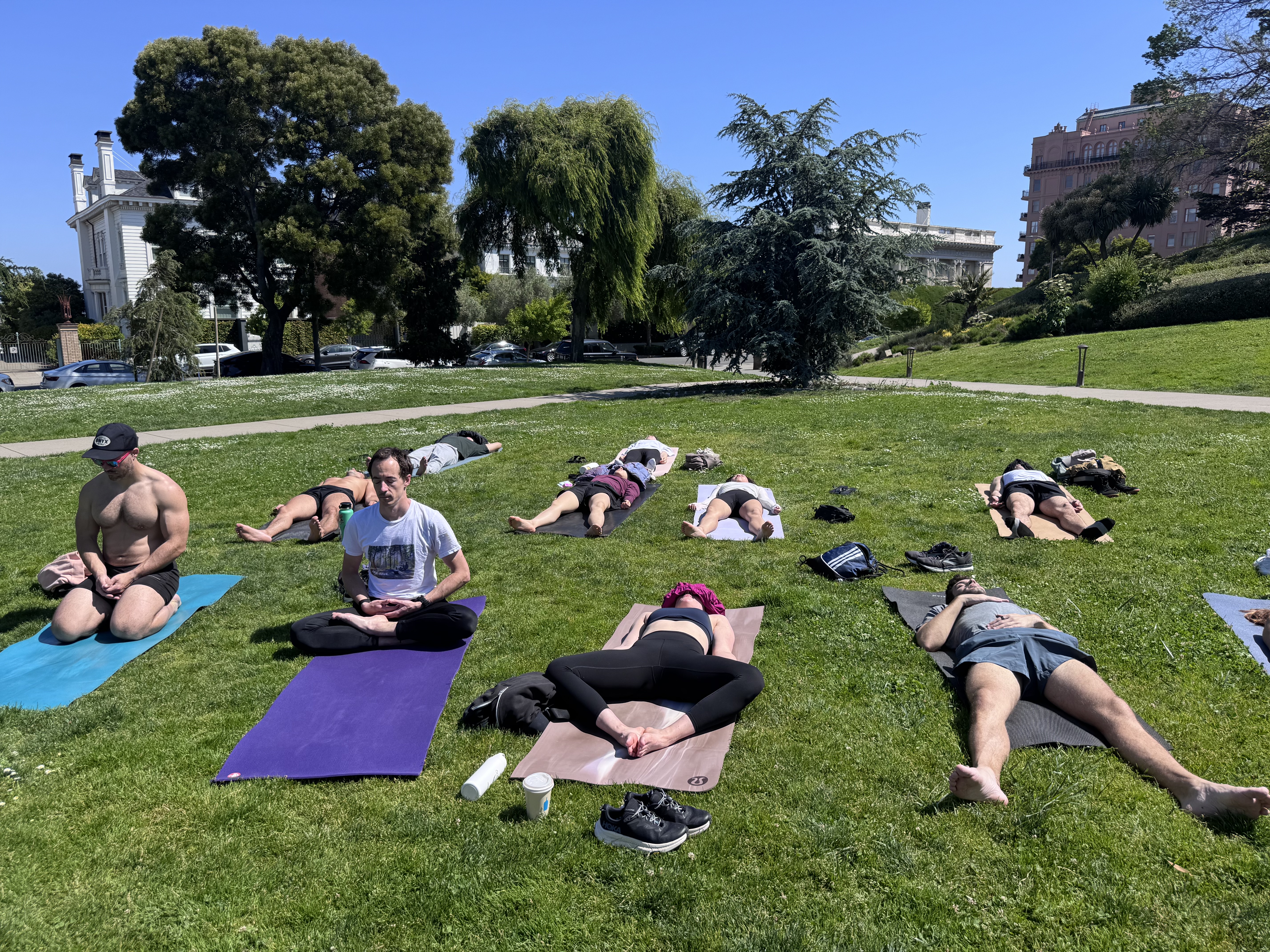 Outdoor yoga class on the grass in San Francisco